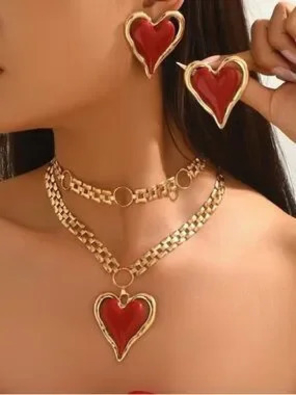 Gold & Red Heart Pendant Necklace and Earrings Set - Women Jewelry